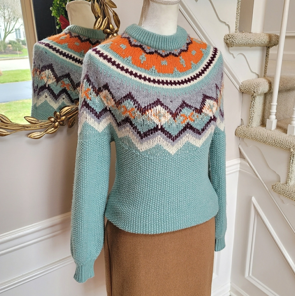 J Crew Zigzag Fair Isle Baby Blue Orange Sweater